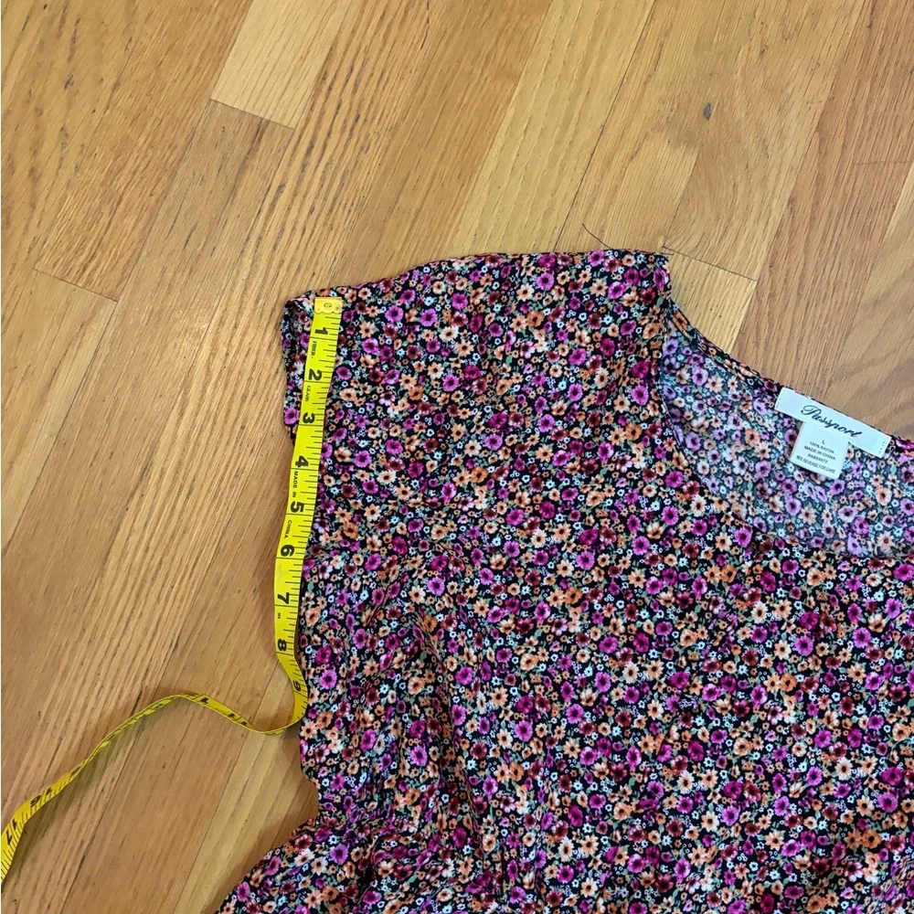 Passport Floral Mini Dress Size L Boho Cottagecore Rayon Pink Orange Black - Picture 6 of 8